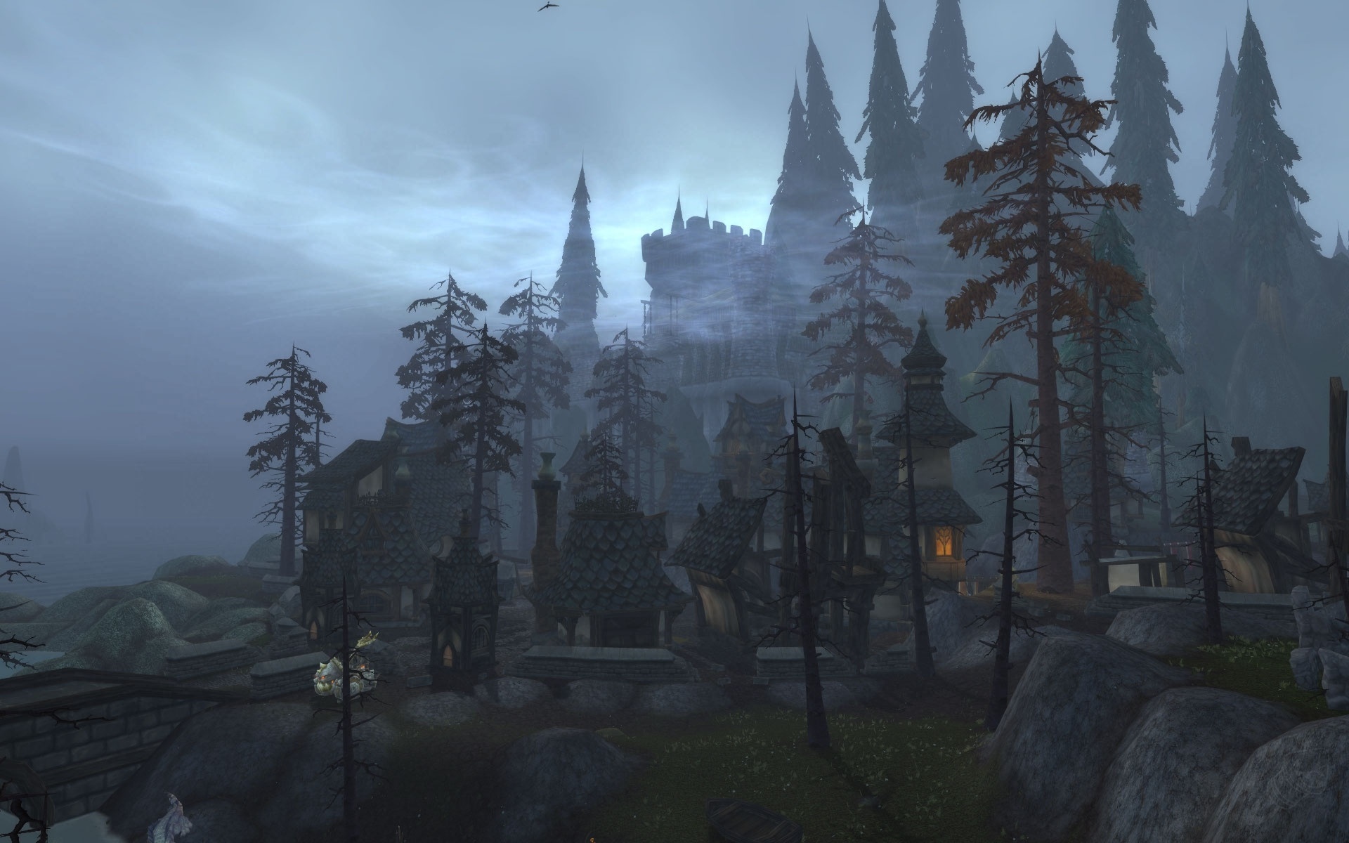 Warcraft buildings beneath the dark trees of Silverpine Forest